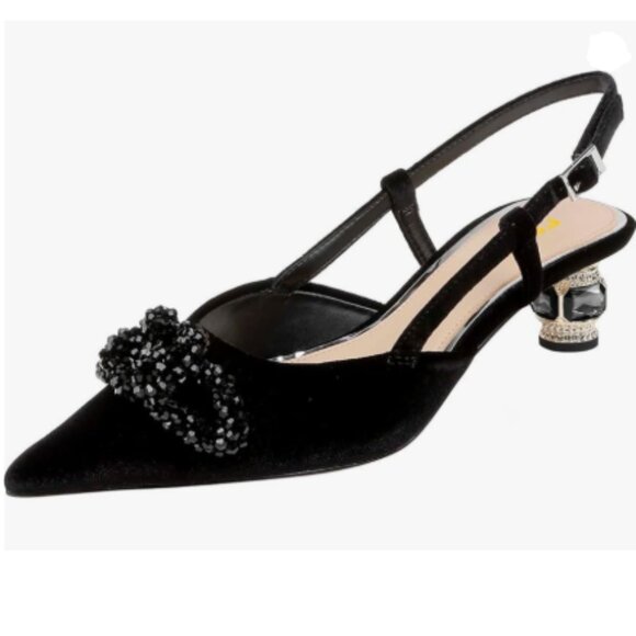 FSJ Black Velvet Slingback Pumps Pointed Toe Rhinestone Crystal Block Heel Shoes - Picture 1 of 8